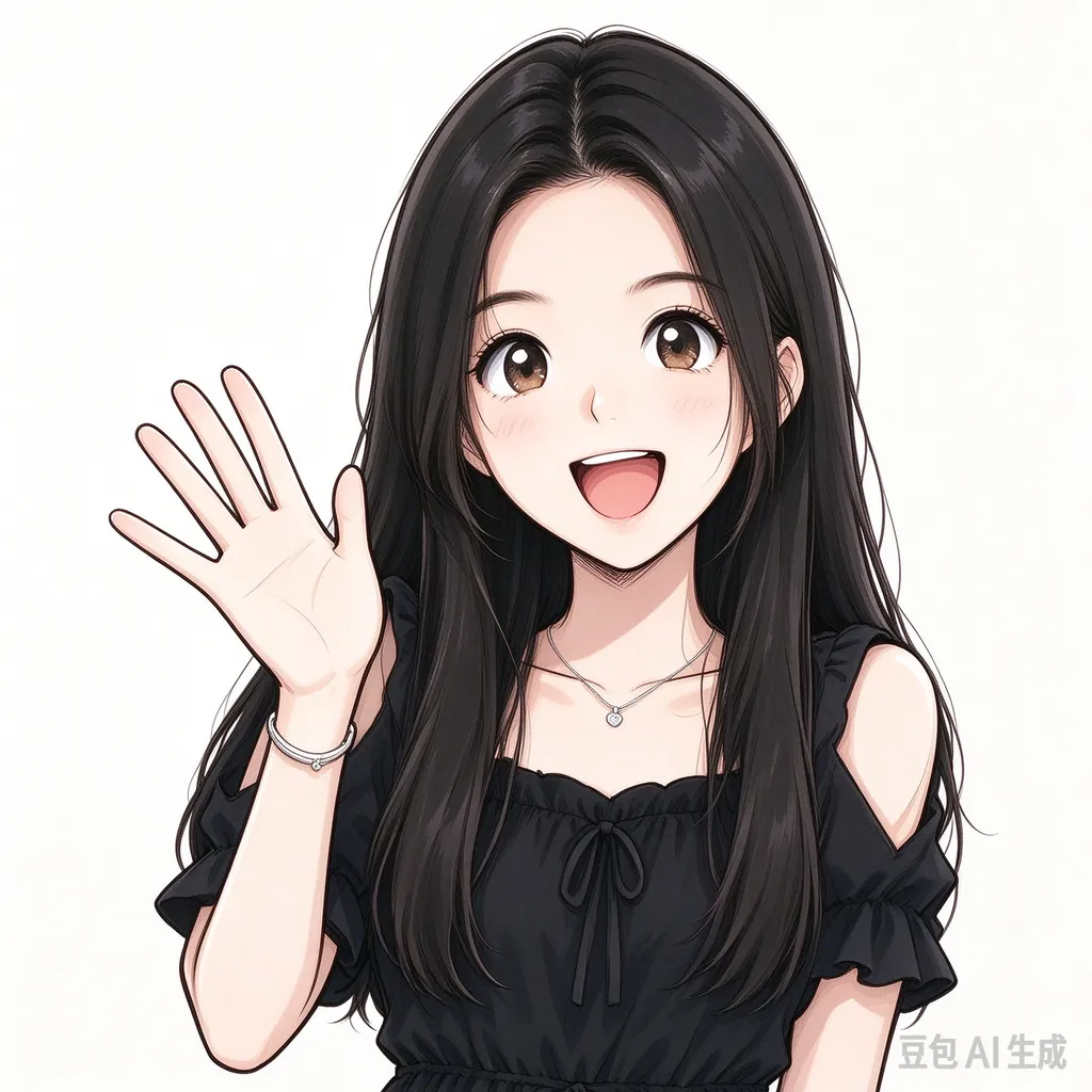 黑长直的女孩笑着朝你挥手